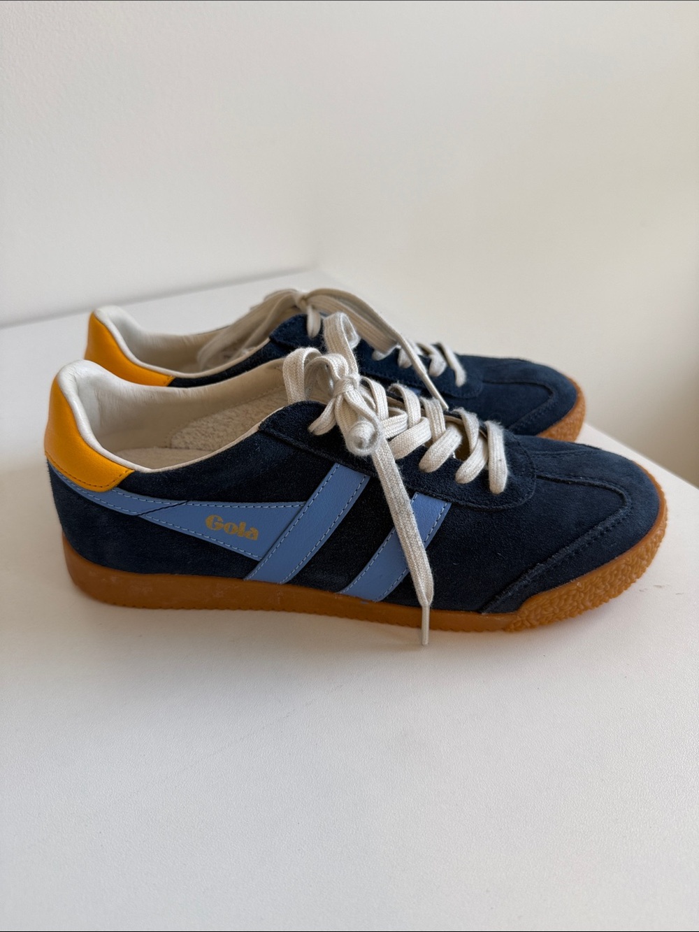 Gola Navy Suede Trainers with Light Blue Stripes and Yellow Heel